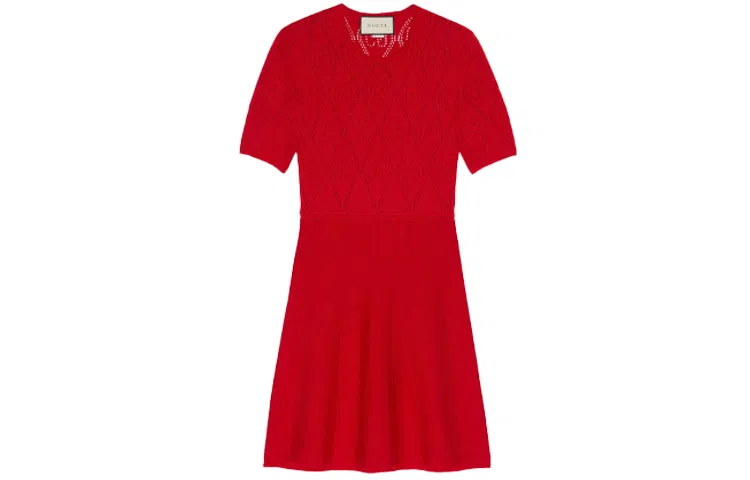 镂空羊毛短袖连衣裙 女款 红色