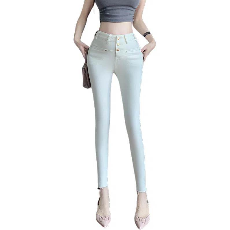 思蓓儿 高腰纯色修身铅笔牛仔裤 女款 米白色