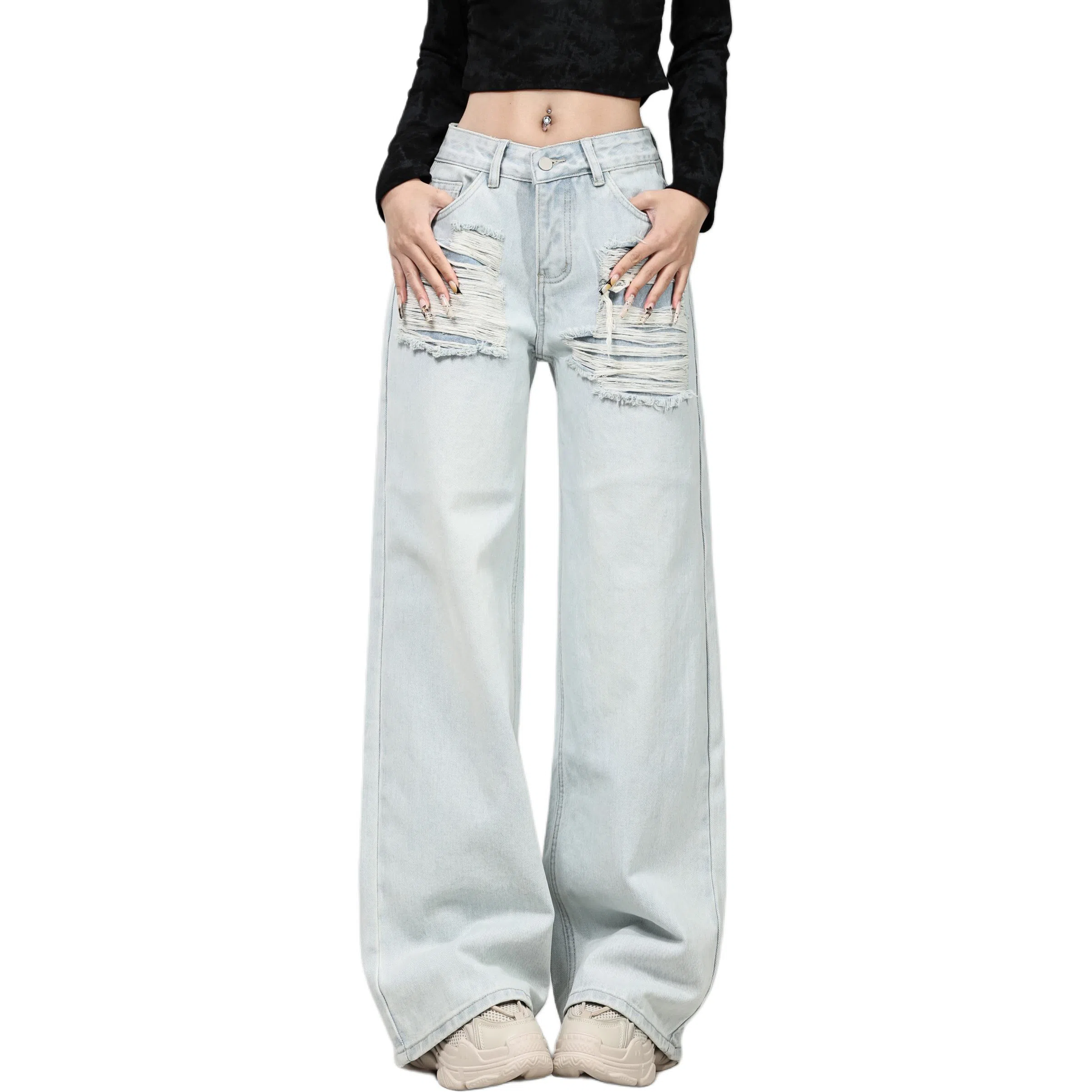 莫代尔 小个子低腰水洗磨破美式复古做旧直筒拖地牛仔裤 女款 浅蓝色
