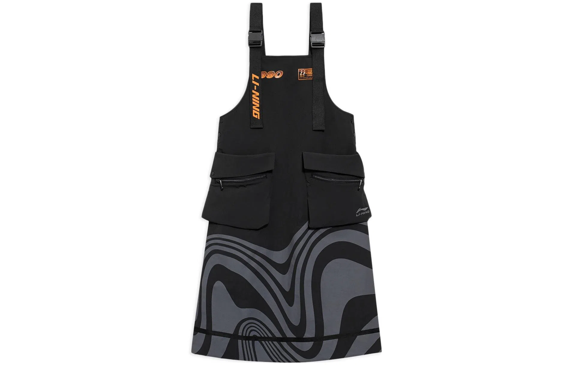 中国李宁 美式复古中腰宽松扭曲条纹工装连衣裙 女款 黑色