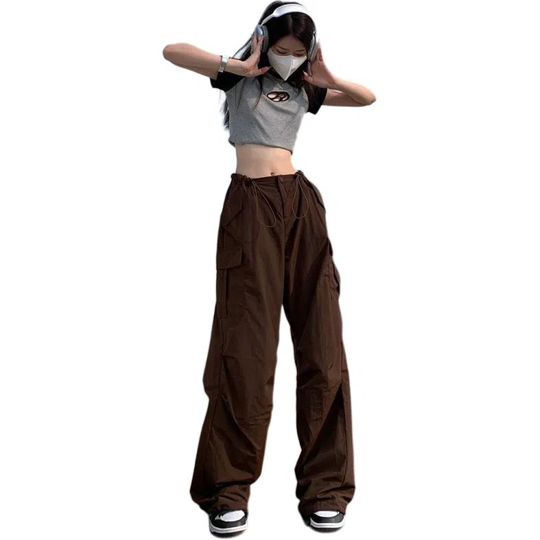 沐晓欣 复古工装舒适时尚宽松阔腿裤休闲裤 女款 深棕色
