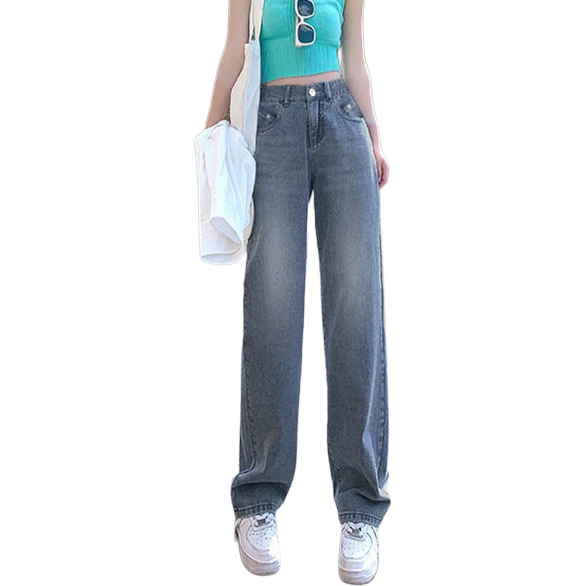 惟熙 阔腿高腰宽松垂感拖地百搭牛仔裤 女款 蓝色