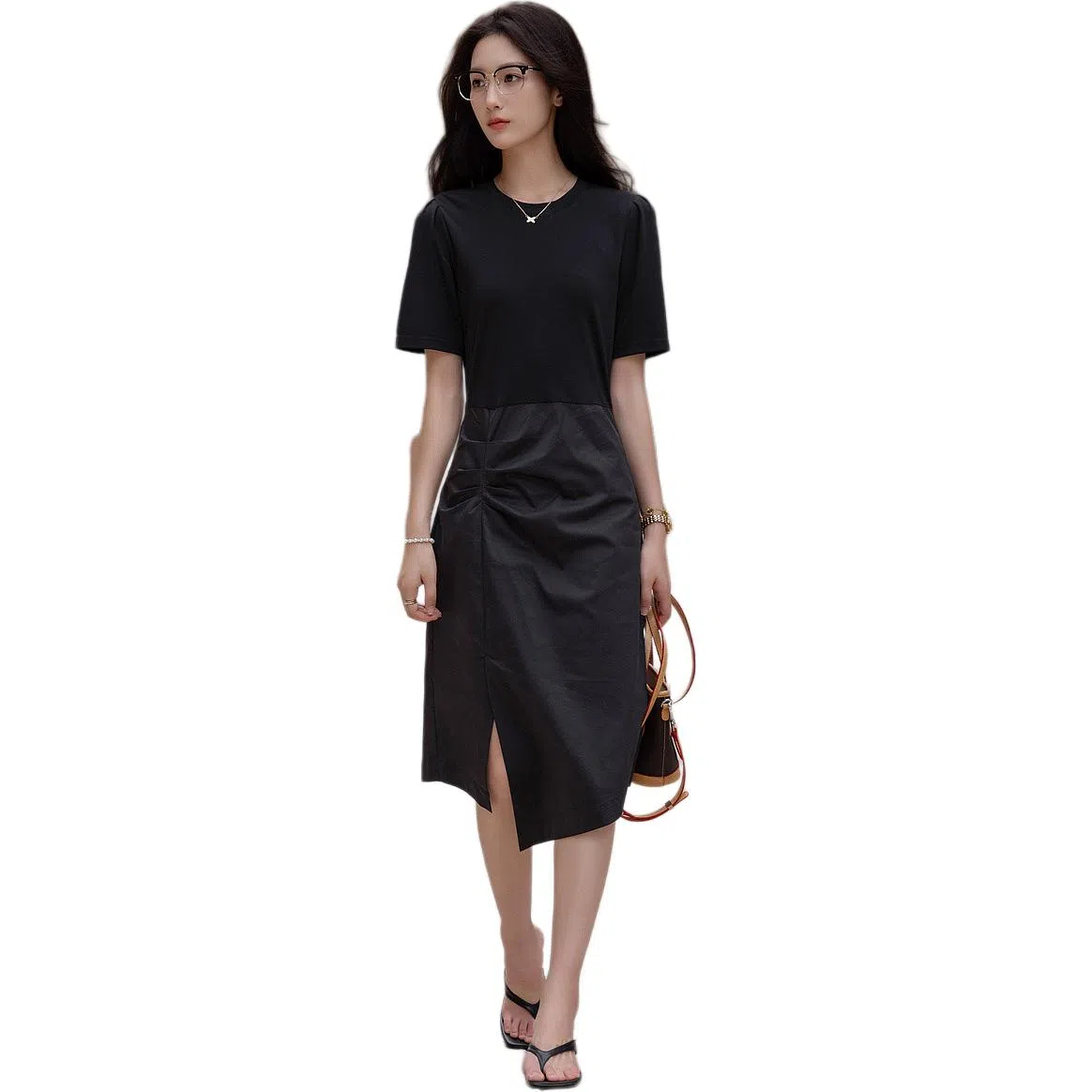 【dme】 纯色圆领修身中长款短袖连衣裙 女款 黑色