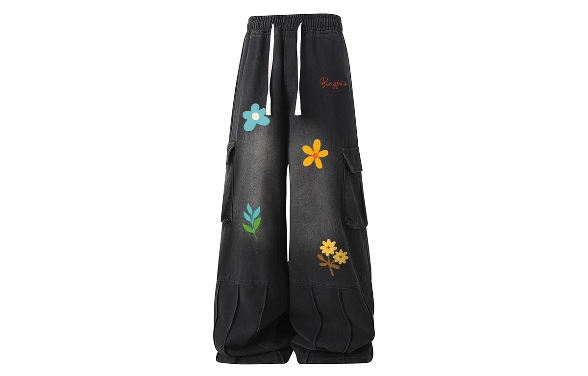 冰飞 美式印花涂鸦线条工装裤大口袋个性设计手绘字母休闲时尚潮流百搭显瘦宽松拖地裤牛仔裤 男女同款