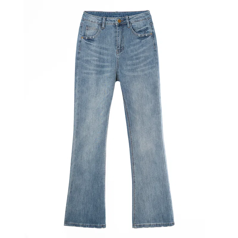 法文箱子 纯色高腰简约舒适牛仔裤 女款 蓝色