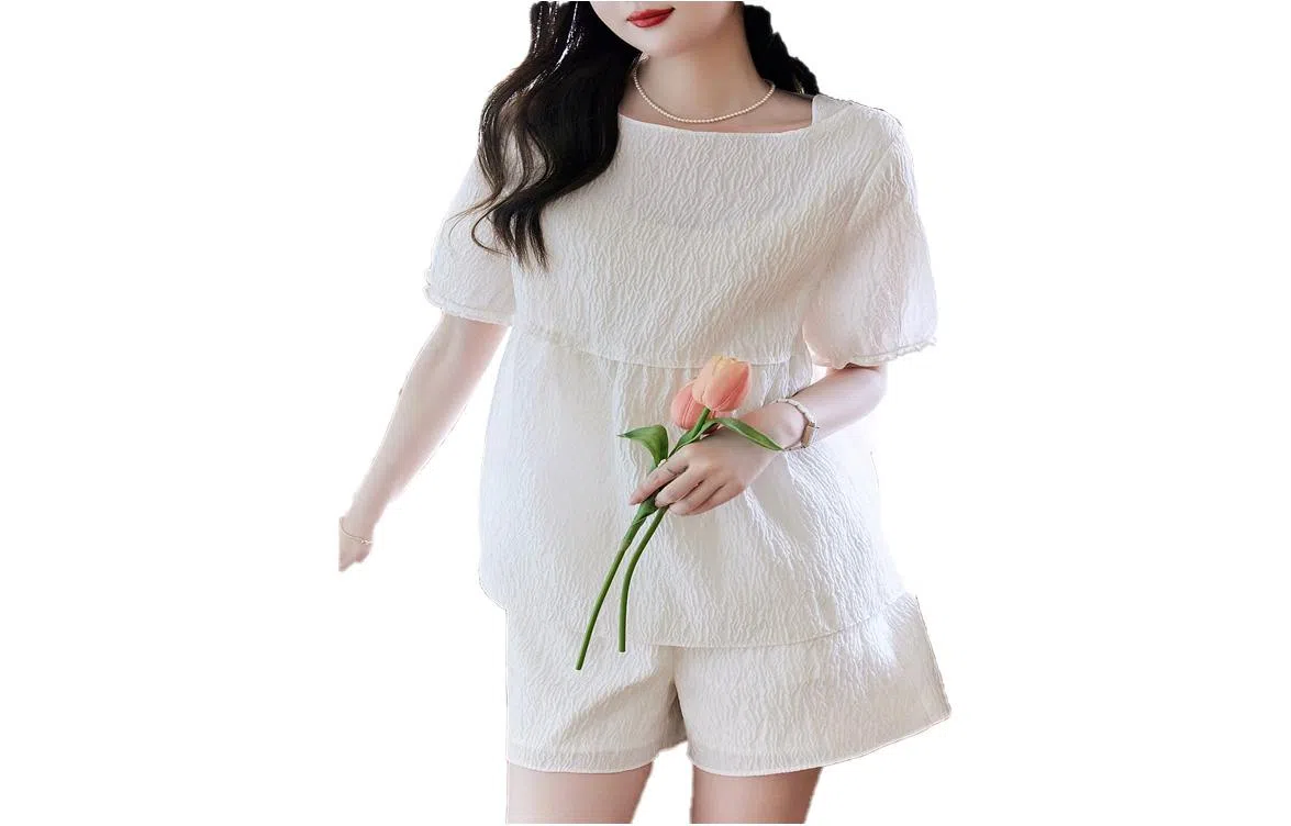 【dme】灯笼袖拼接短袖衬衫纯色中腰短裤衬衫套装 女款 米白