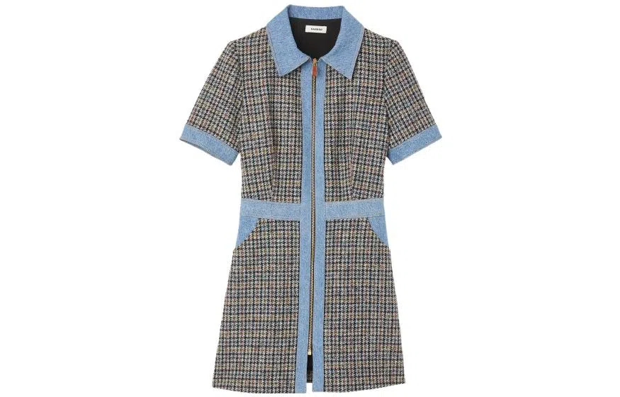 Sandro FW22 Denim Patchwork Plaid Dress Blue