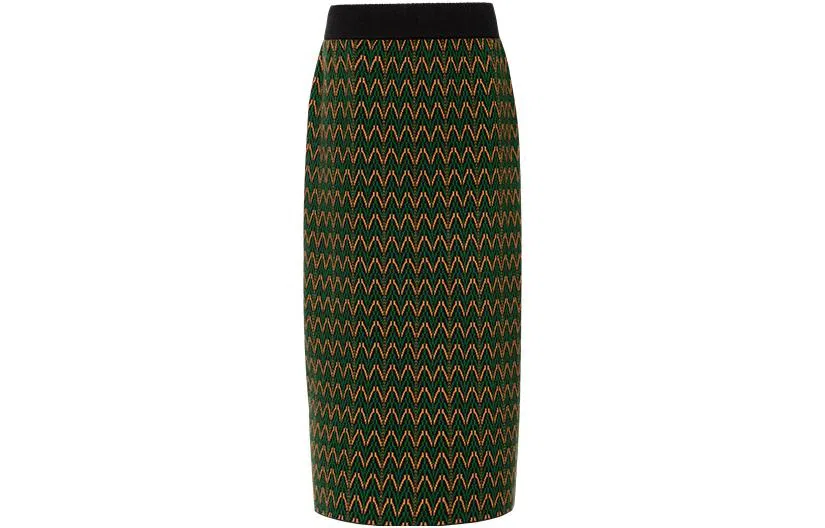 美洋 腰部松紧提花后部开叉针织半身裙 绿色