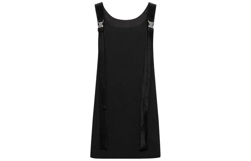 美洋 纯色方领金属扣背带无袖连衣裙 黑色