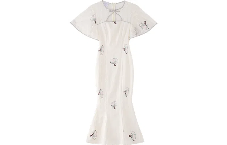 槿爷东方 刺绣胸口镂空设计新式改良旗袍鱼尾短袖连衣裙 女款 米色