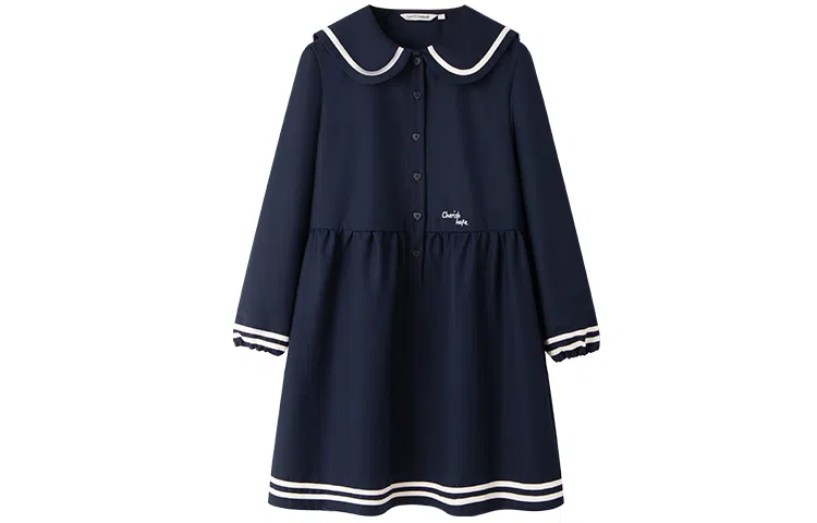 东鲸岁时记 条纹海军领长袖连衣裙 女款 藏青色