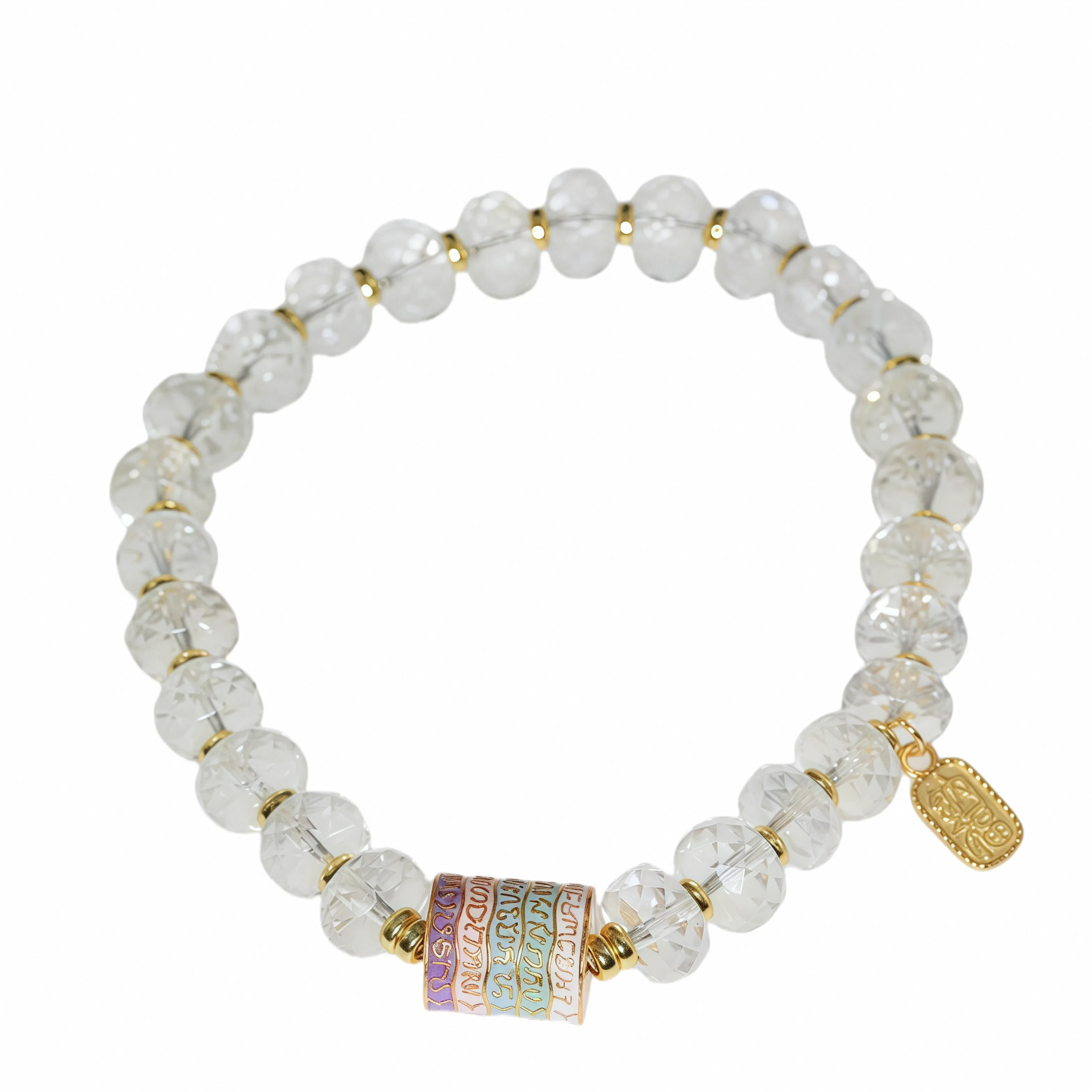 金杰福 棱面 蓝彩红刻字柱浮雕转运天然 白水晶 手串 女款