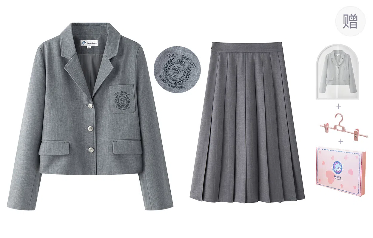 东鲸岁时记 学院风温柔学姐风穿搭日系上衣中腰合身舒适半裙西装套装 女款 灰色