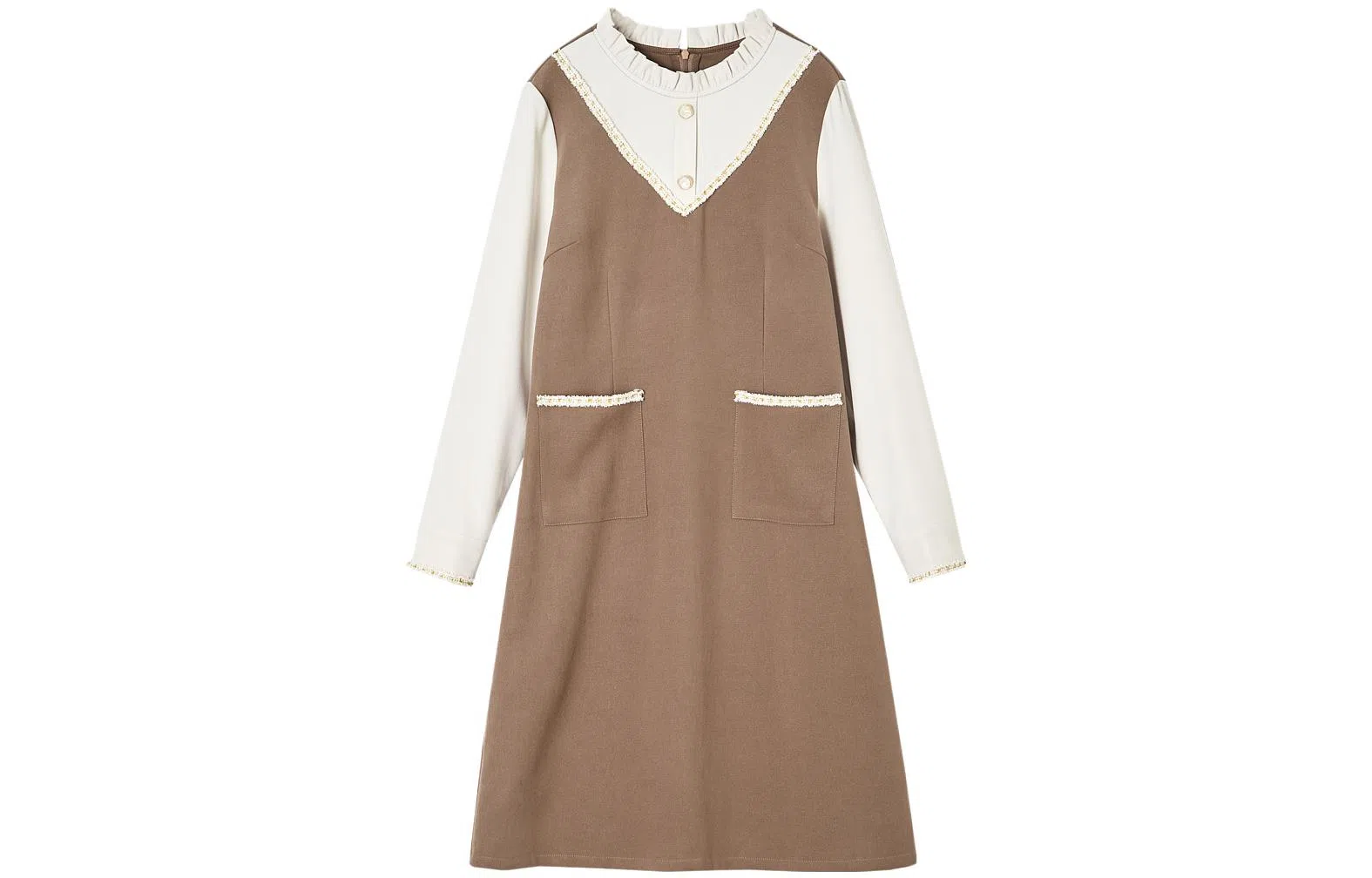 【dme】 假两件气质复古收腰长袖连衣裙 淡咖色