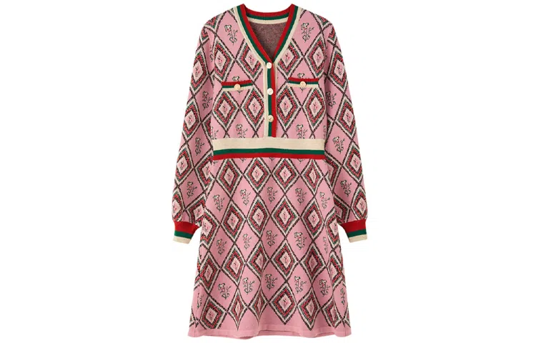 【dme】 设计感气质收腰小香风高端精致针织裙长袖连衣裙 桃红