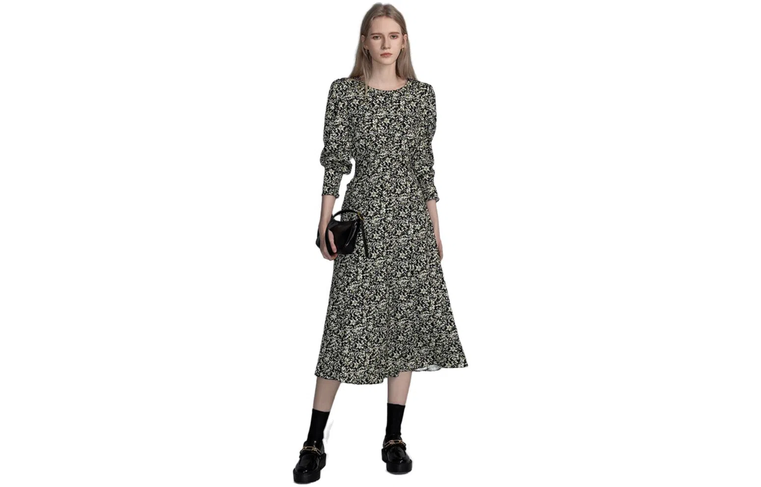 【dme】 碎花满印休闲长袖连衣裙 黑色