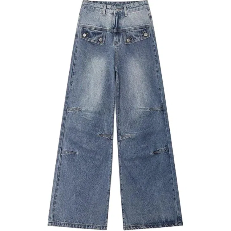 哒头下雨不愁 宽松阔腿适中牛仔裤 女款 蓝色