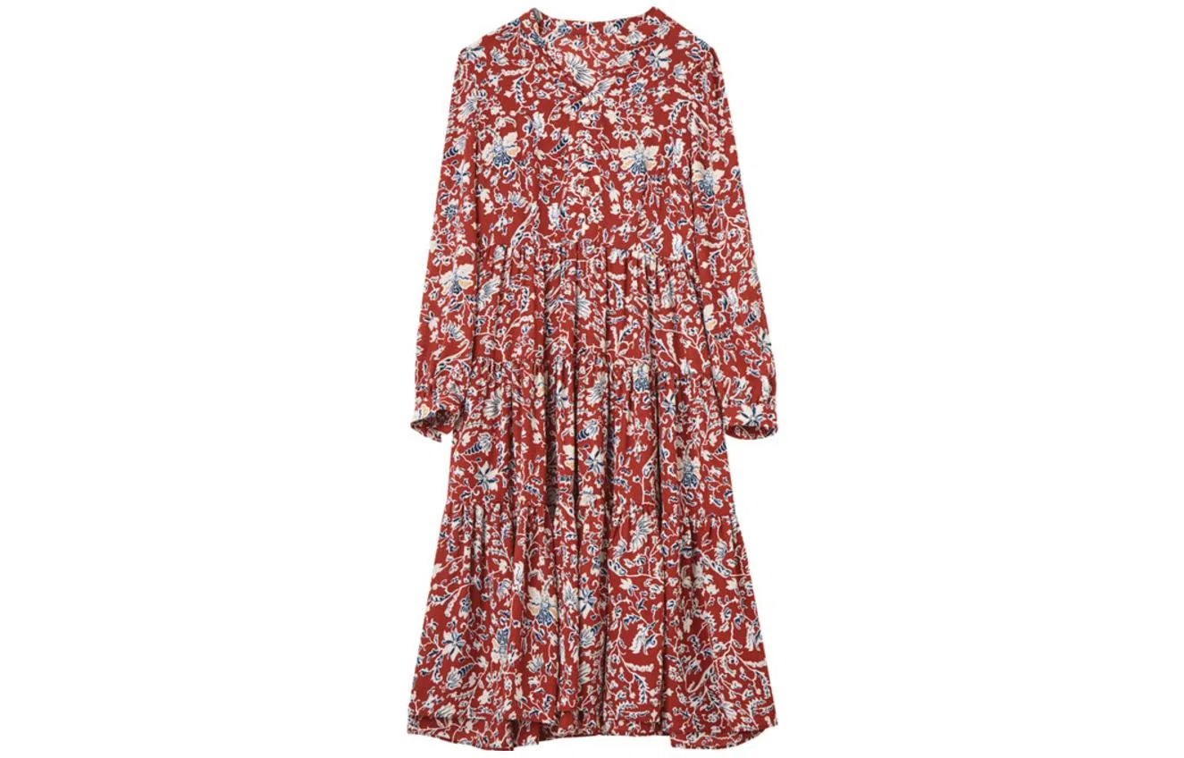 【dme】 花卉满印收腰显瘦长袖连衣裙 酱红色