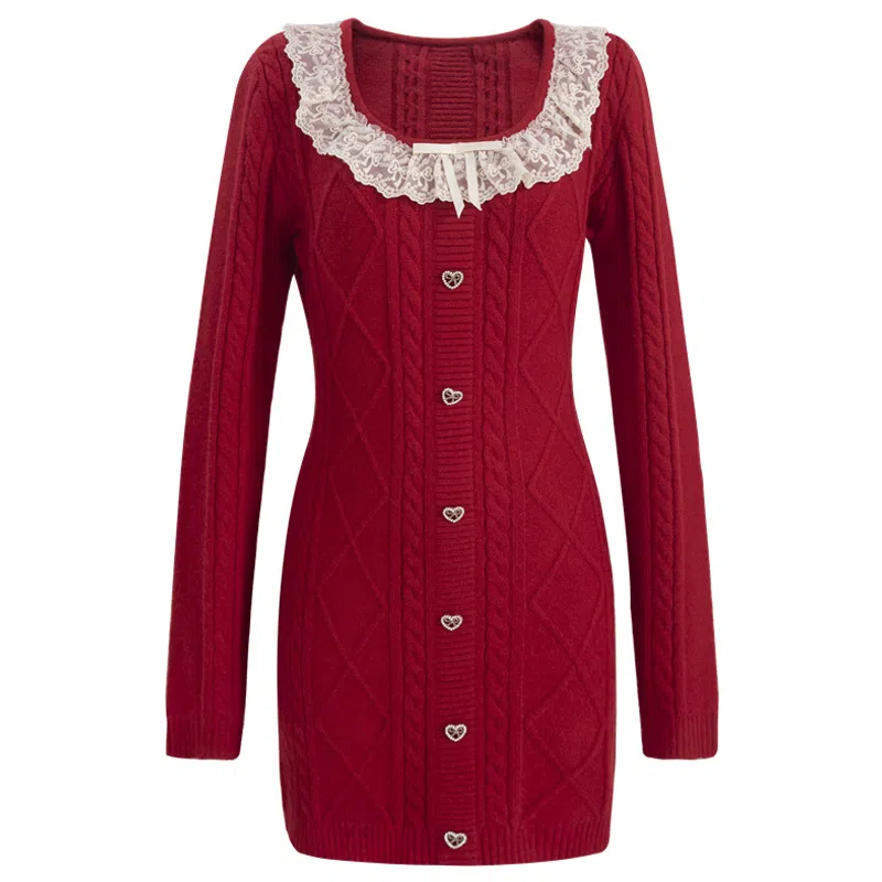 UNIFREE Lace Bow Knit Dress Beige