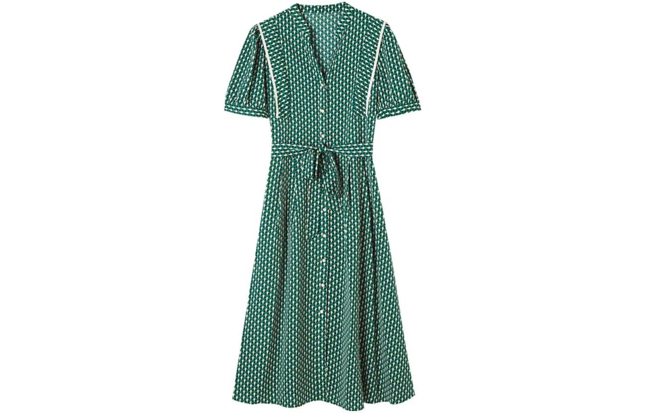 【dme】单排扣蝴蝶结满印短袖连衣裙 墨绿