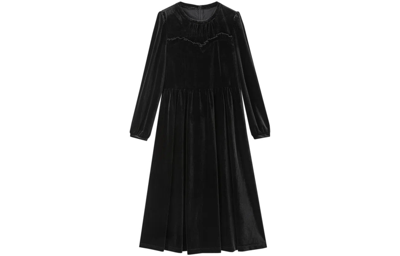 【dme】 纯色中腰丝绒长袖连衣裙 黑色