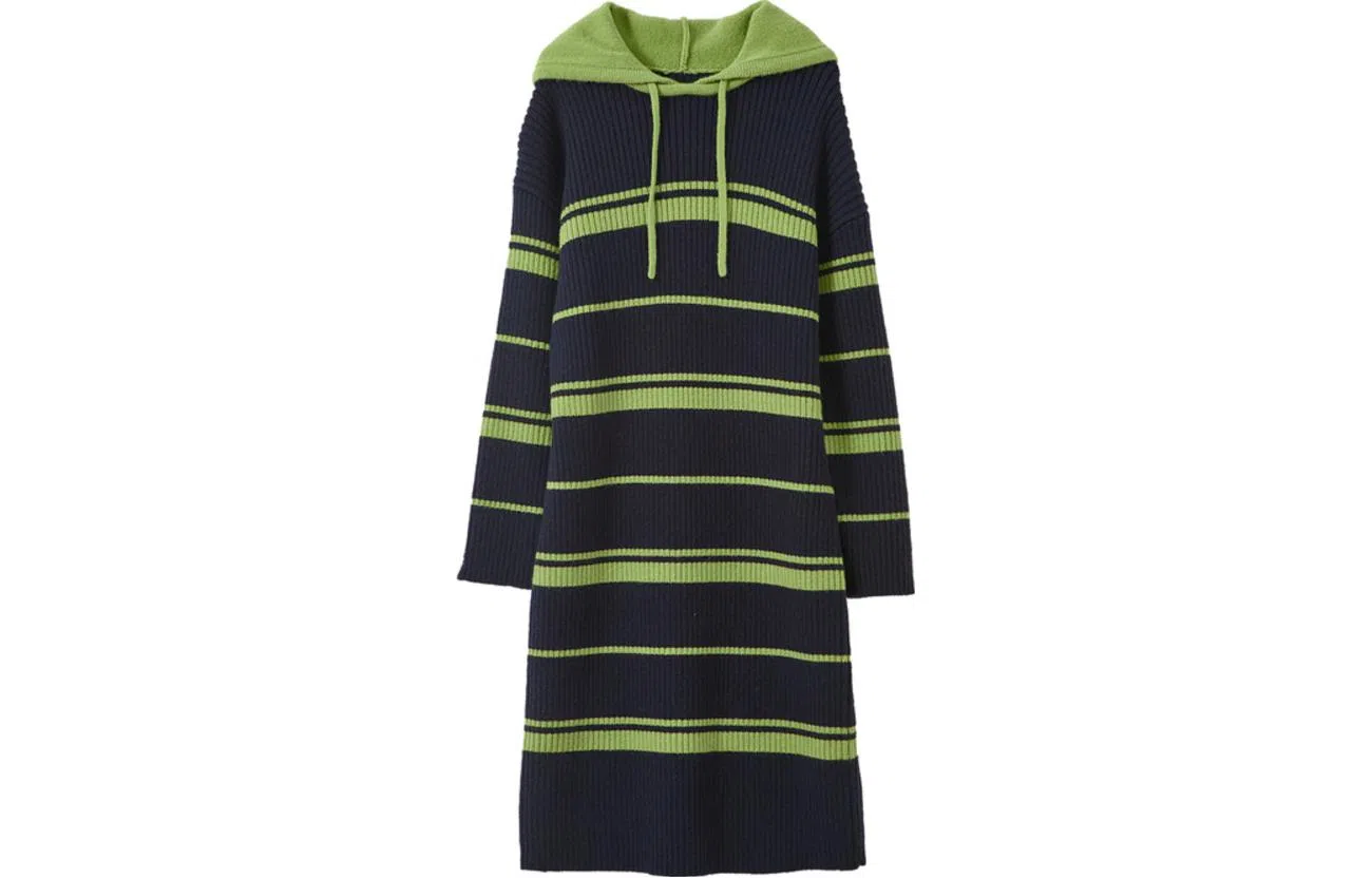 【dme】 条纹连帽针织长袖连衣裙 女款 藏青