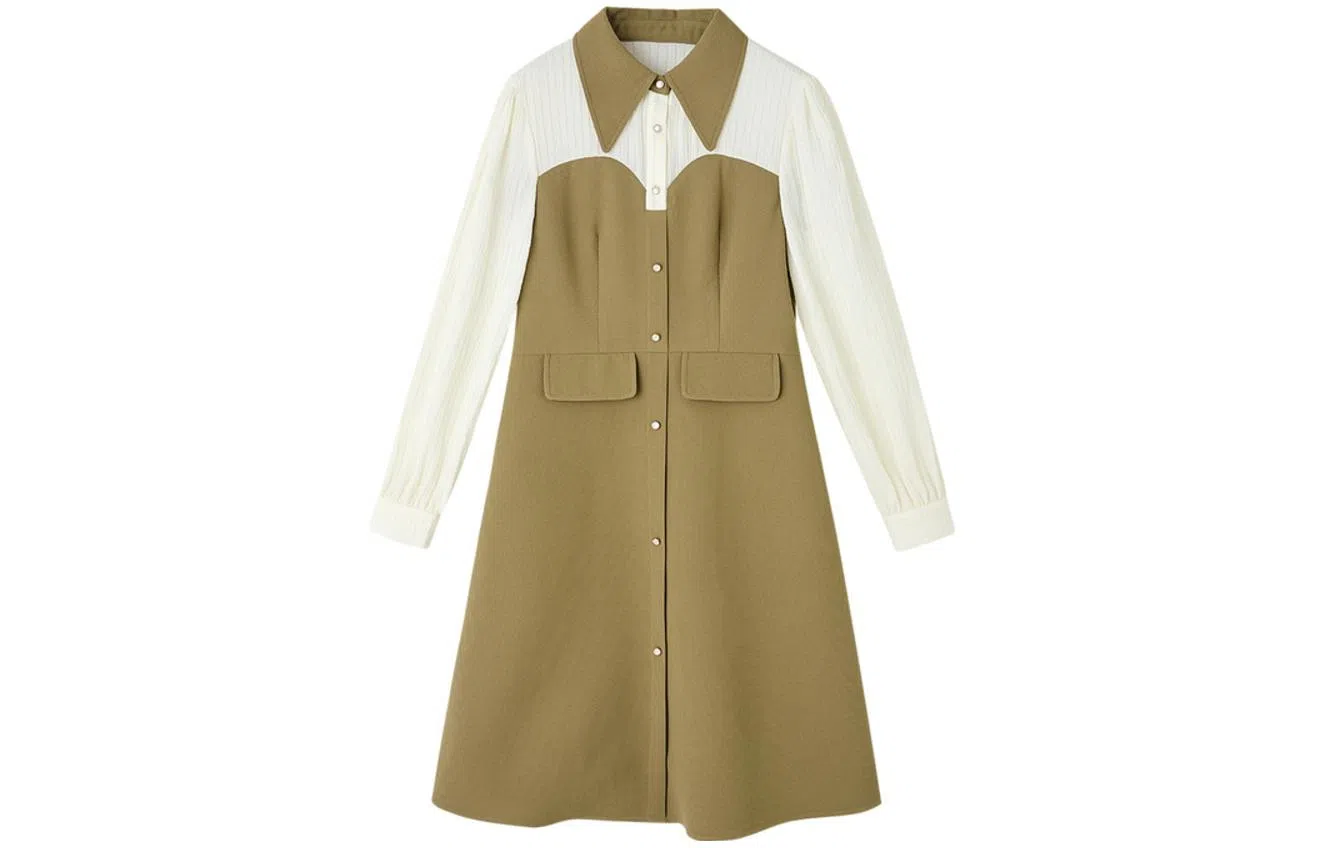 【dme】 拼接中腰休闲长袖连衣裙 浅咖色