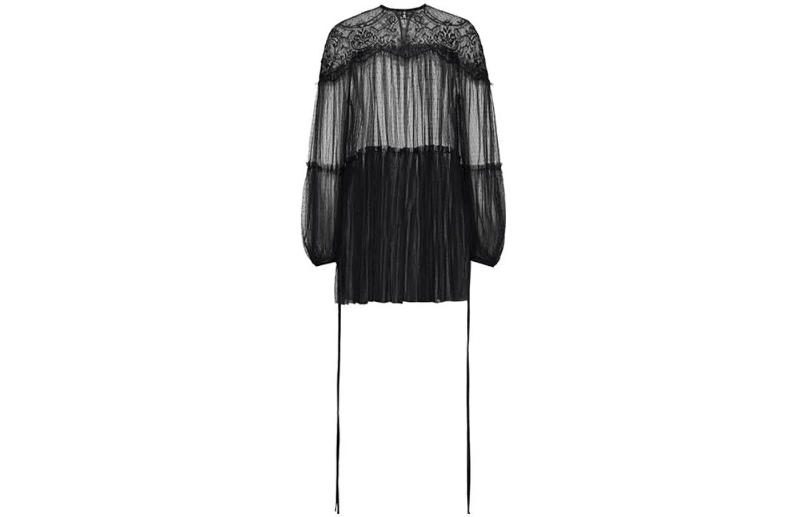 美洋 蕾丝网纱长袖连衣裙 黑色