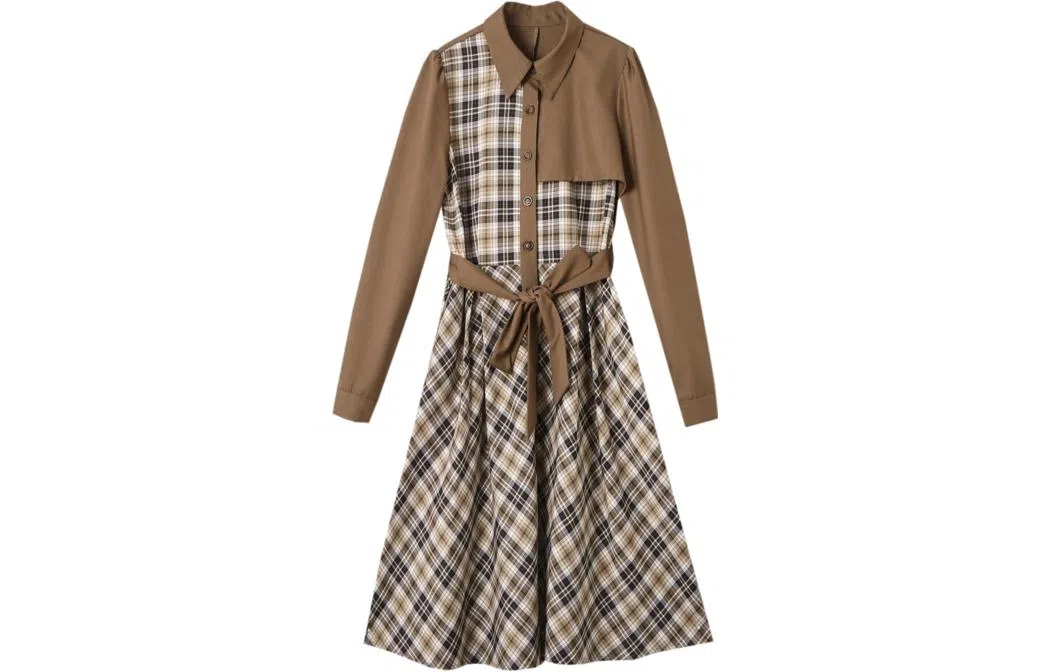 【dme】拼接格纹长袖连衣裙 卡其