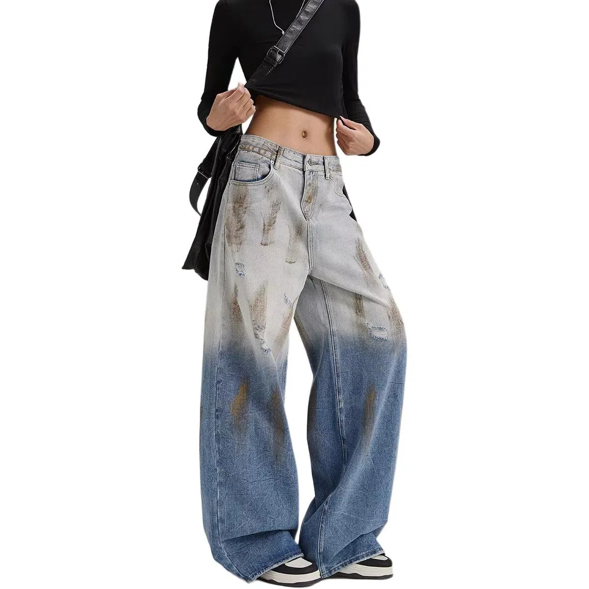 欧迪芬 美式撞色渐变水洗复古做旧休闲舒适百搭牛仔裤 女款 浅蓝