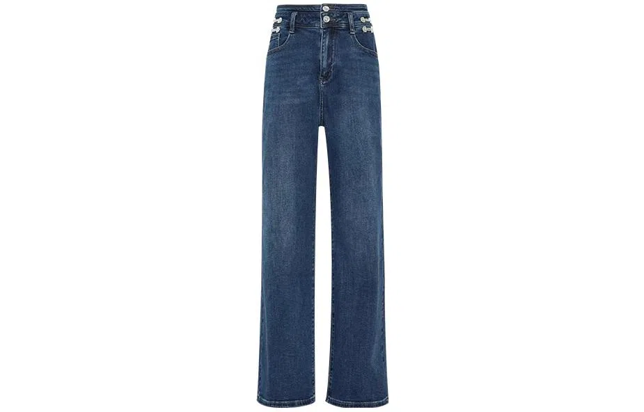 美洋 纯色高腰直筒牛仔裤 女款 深牛仔蓝