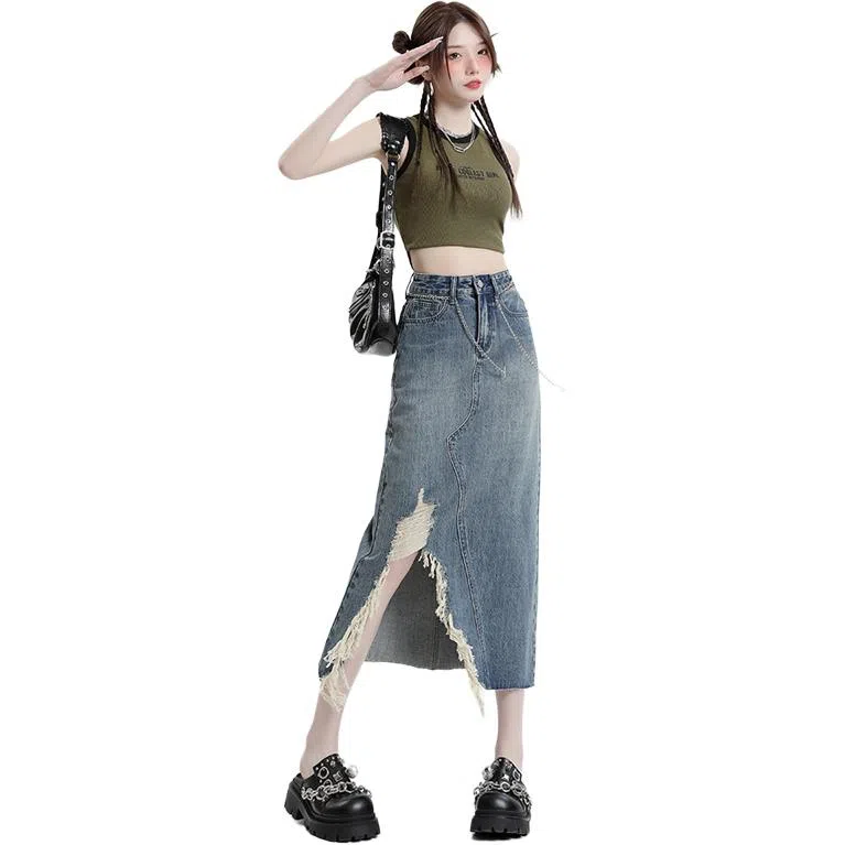 欧迪芬 美式高街设计感不规则毛边磨破垂感牛仔长裙 女款 复古蓝