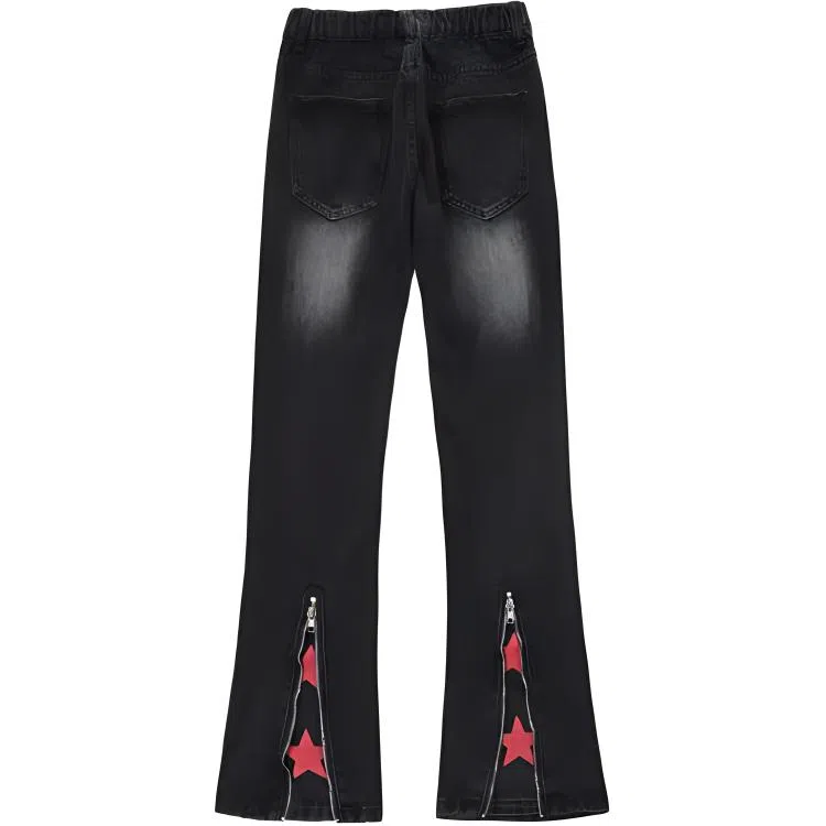 么宁 水洗拉链开叉美式复古宽松牛仔裤 男女同款