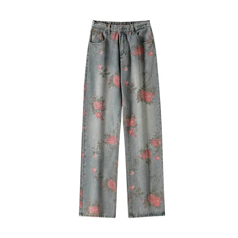 欧迪芬 美式复古扎染高街设计感满印花朵薄款休闲高腰牛仔裤 女款 蓝色
