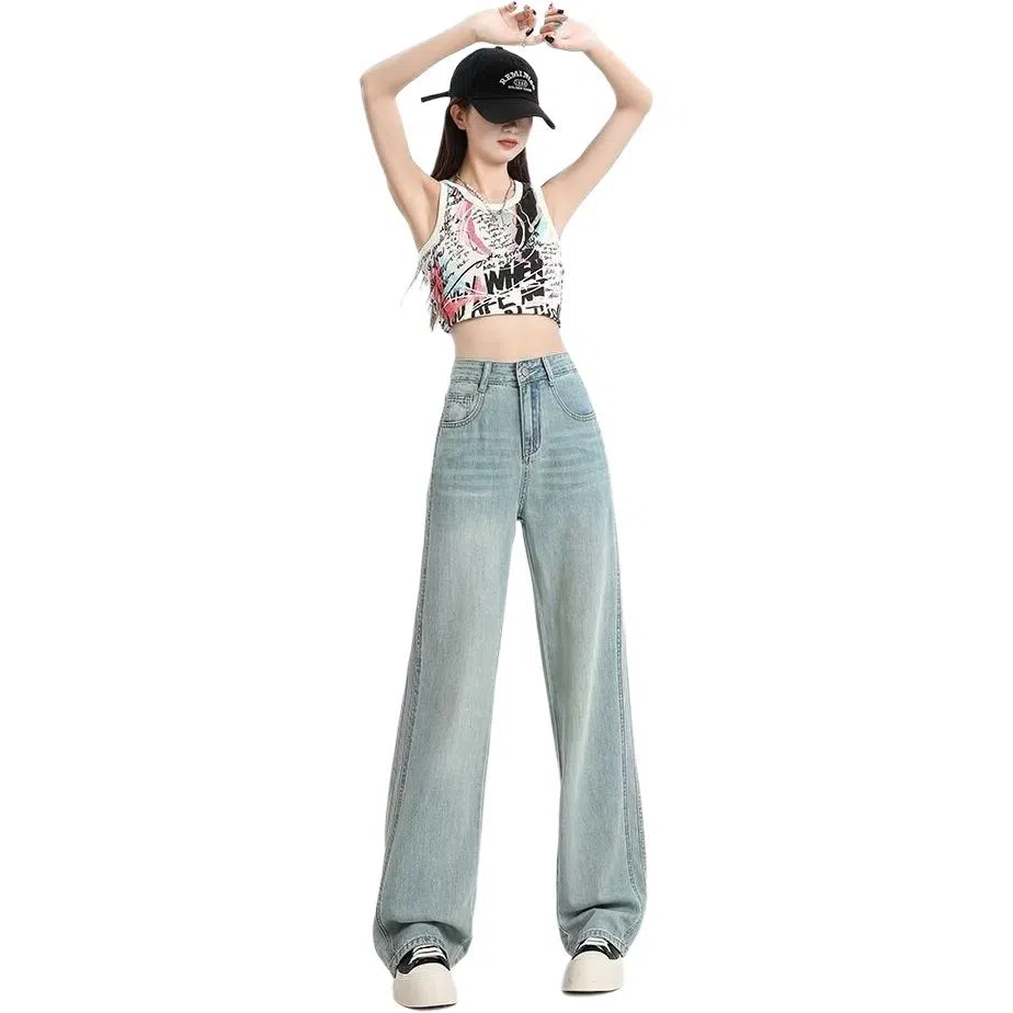 欧迪芬 美式基础水洗浅色系直筒女春夏阔腿小个子高腰宽松垂感牛仔裤 女款 浅蓝色