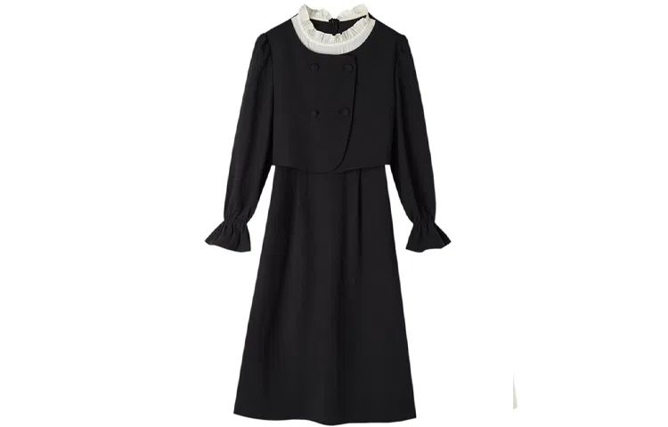 【dme】 假两件法式赫本收腰长长袖连衣裙 黑色