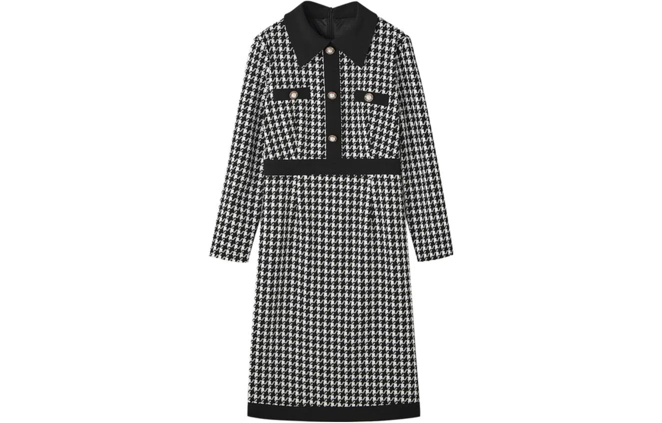 【dme】 格纹千鸟格长袖连衣裙 黑色