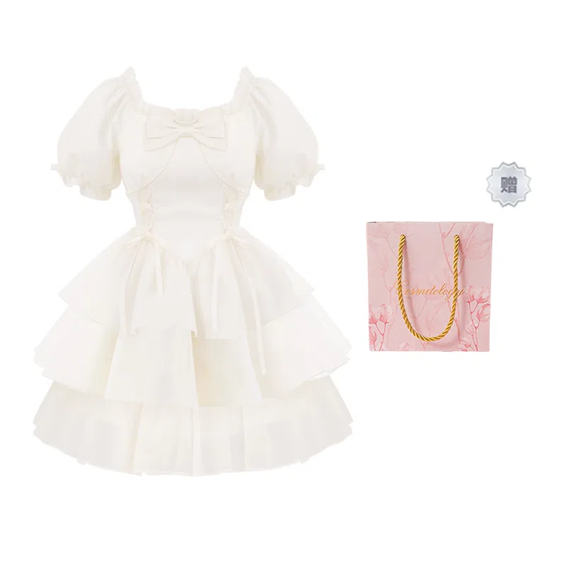 棉购 法式蝴蝶结提花通勤时尚纯色短袖连衣裙 女款 杏色