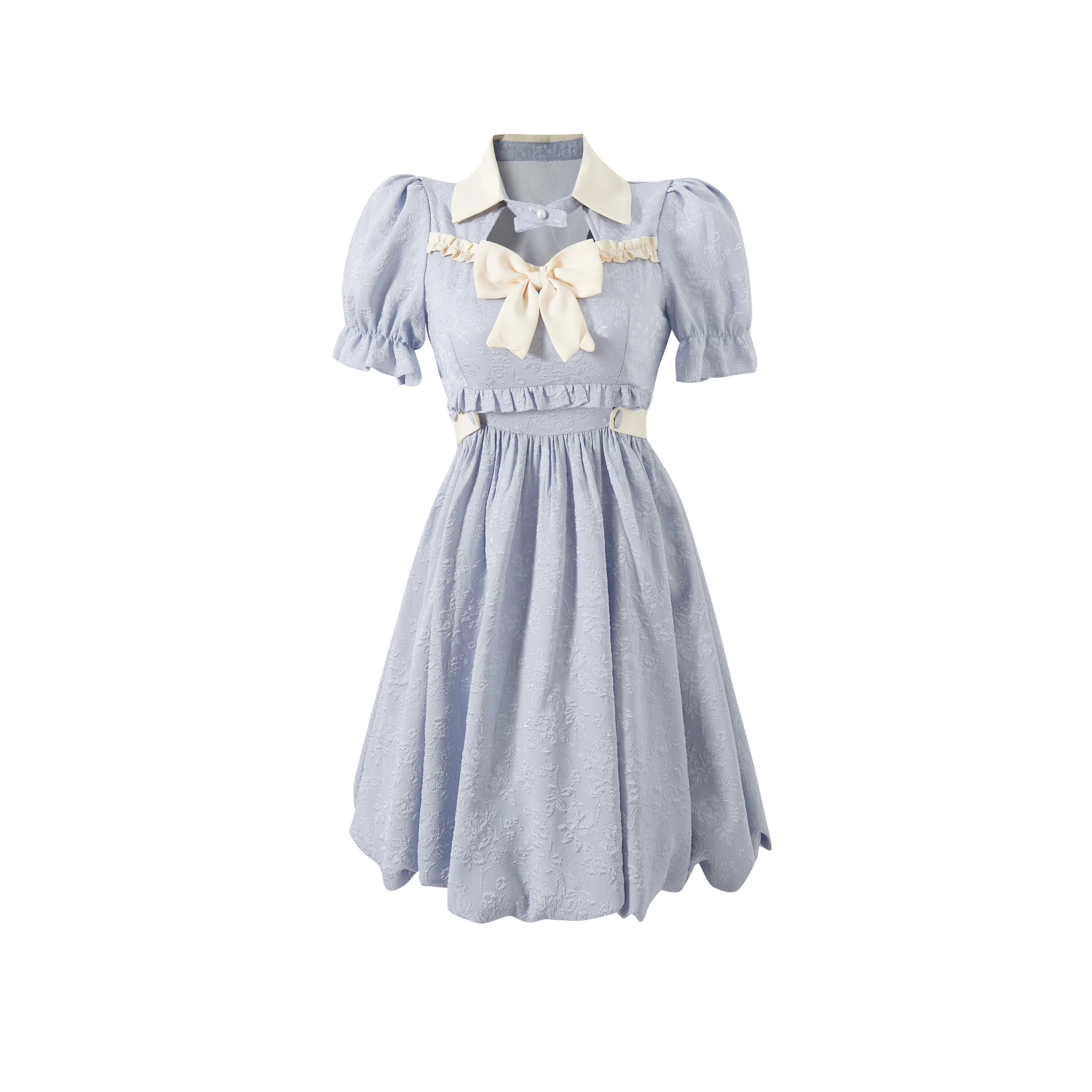 花山家的猫 收腰衬衫领拼色修身短款短袖连衣裙 女款 蓝色