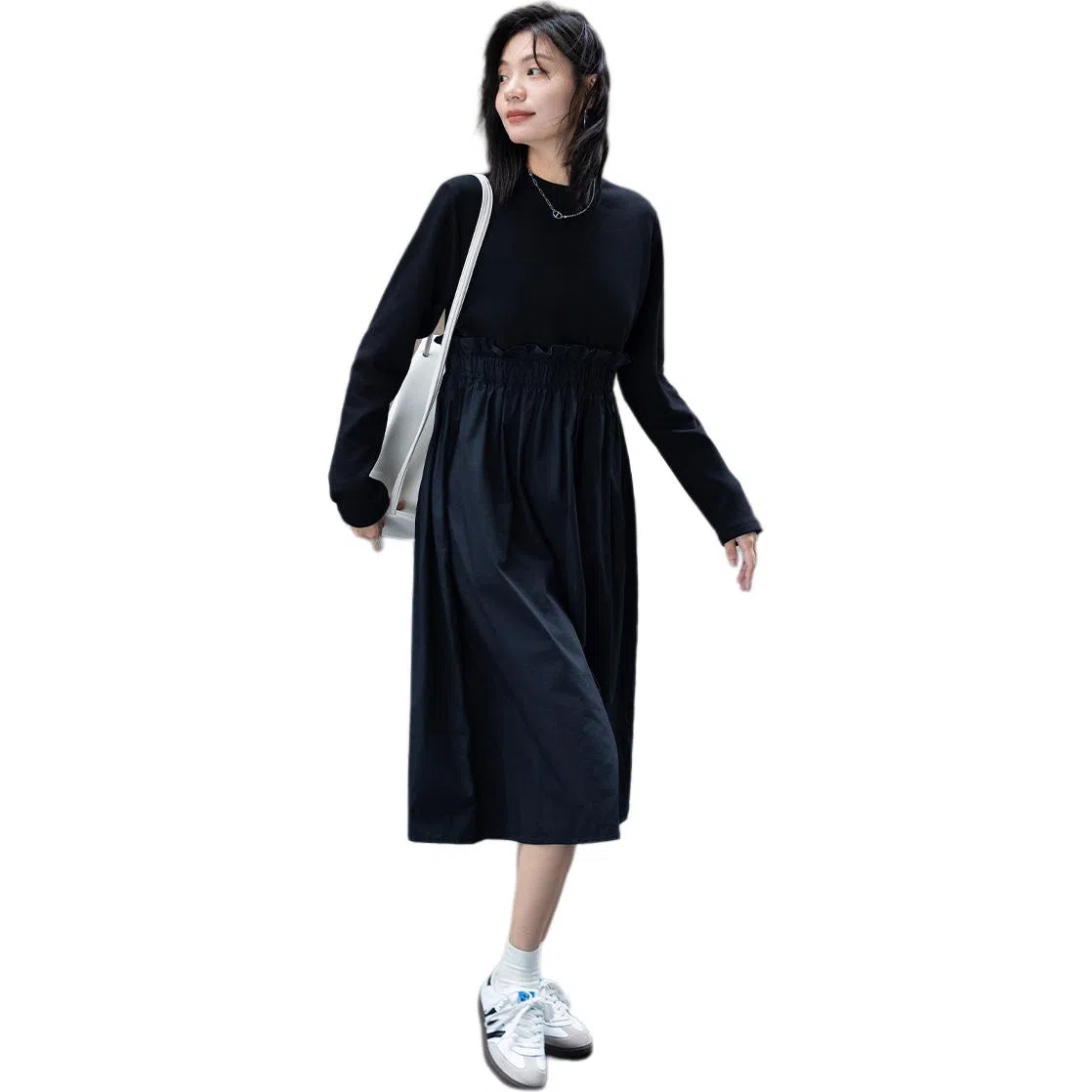 【dme】 拼接假两件圆领高腰长袖连衣裙 女款 黑色