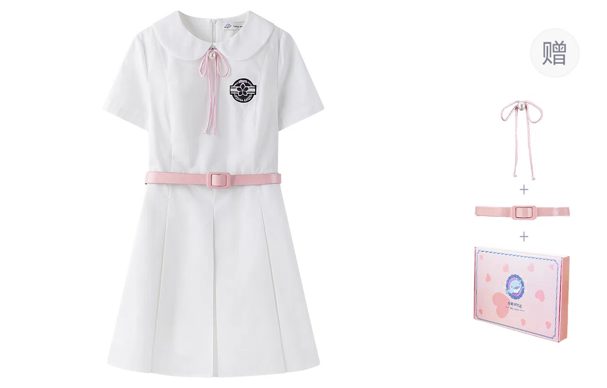 东鲸岁时记 学院风纯色收腰显瘦短袖连衣裙 女款 礼盒装 白色连衣裙 买赠皮带+领绳