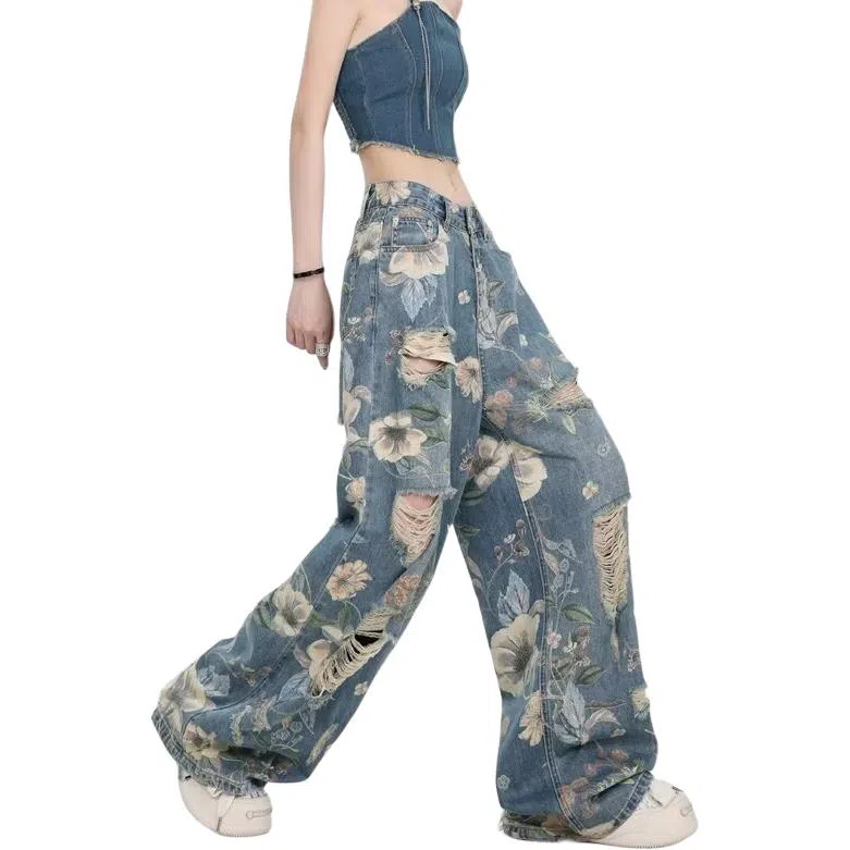 欧迪芬 美式破坏风辣妹复古做旧碎花满印破洞高腰宽松牛仔裤 女款 蓝色