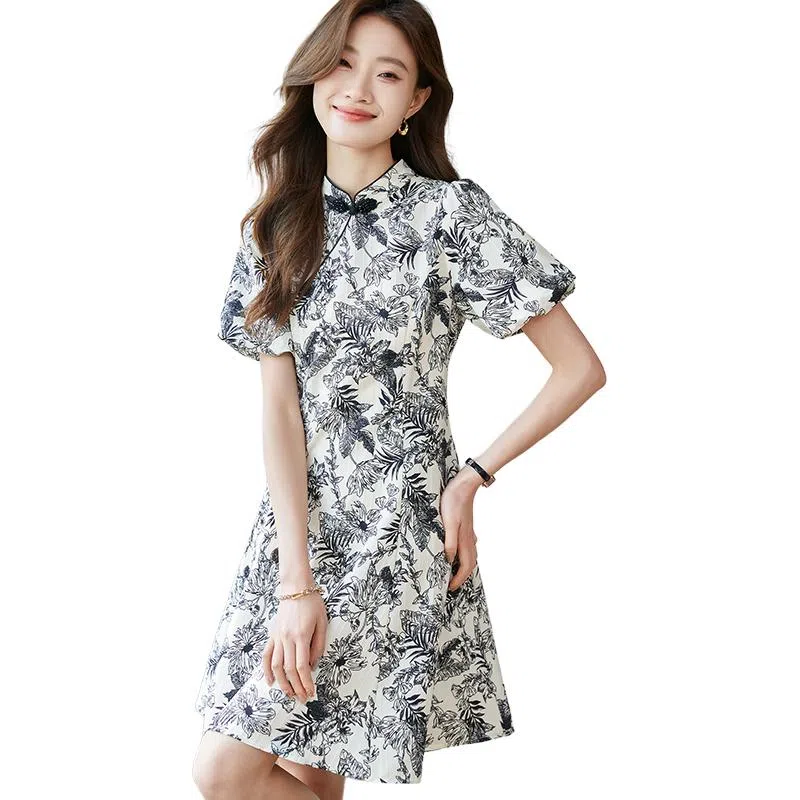 曲韩 新中式国风收腰旗袍裙子时尚复古印花显瘦夏季短袖连衣裙 女款 花色
