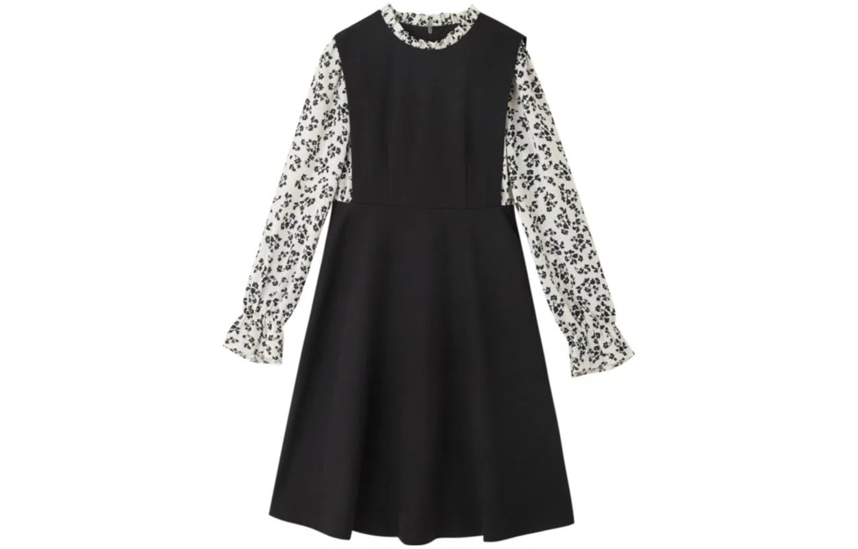 【dme】 撞色圆领碎花长袖连衣裙 黑色