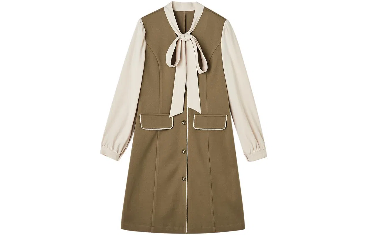 【dme】 休闲拼色气质长袖连衣裙 深卡其