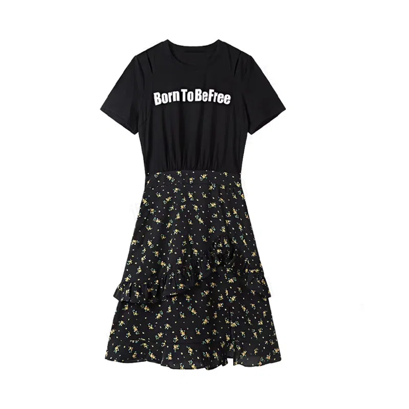 沐晓欣 时尚圆领拼接不规则开叉舒适甜美假两件短袖连衣裙 女款 黑色碎花