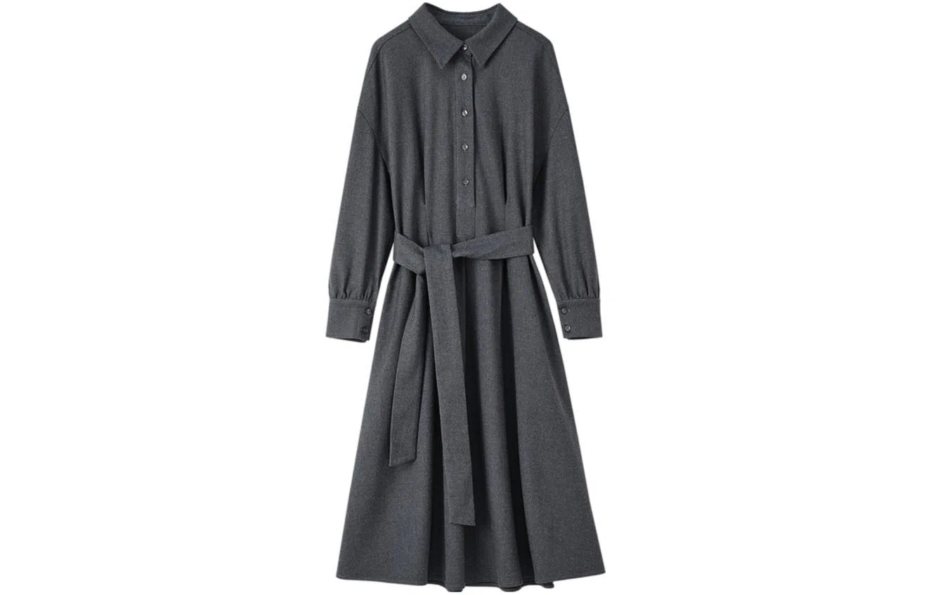 【dme】 纯色翻领落肩袖单排扣长袖连衣裙 灰色