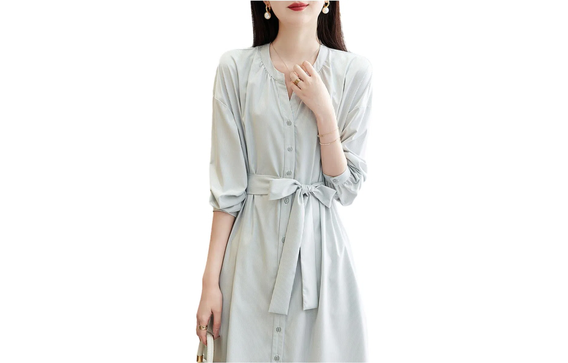 【dme】 纯色圆领单排扣休闲长袖连衣裙