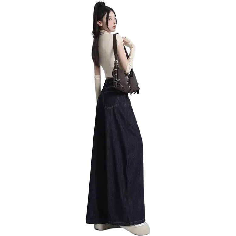 欧迪芬 百搭美式气质高腰水洗复古立体磨白宽松垂感拖地长裤显高透气拍照通勤学生上班约会牛仔裤 男女同款 深蓝色