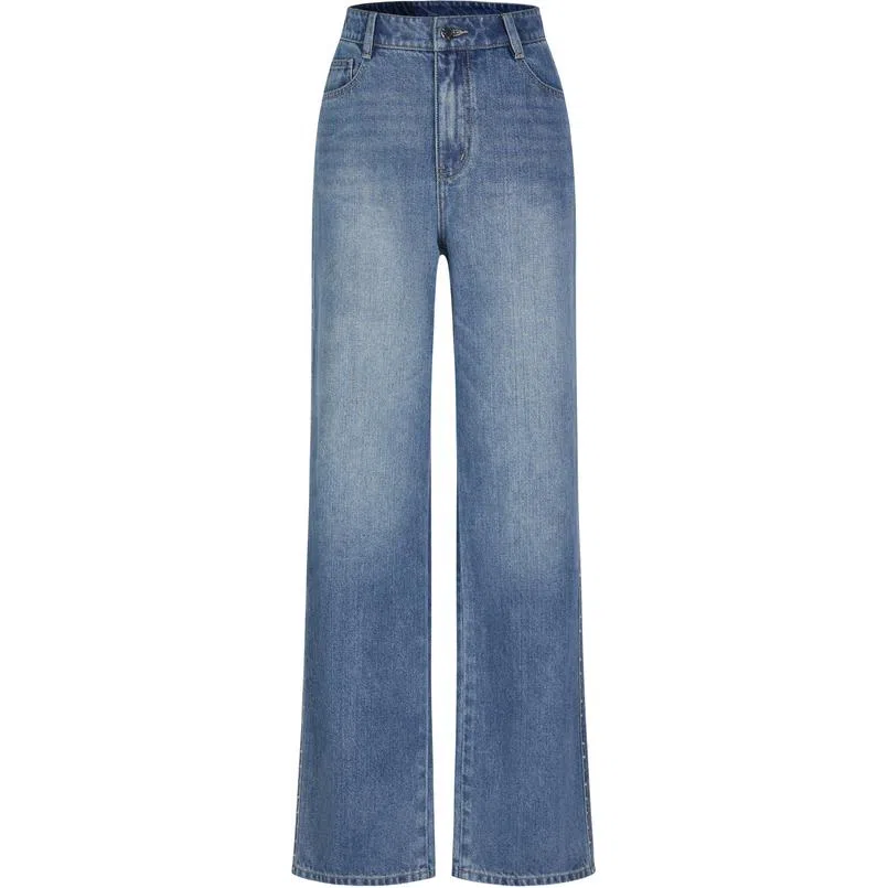 玖姿安娜蔻 侧边彩钻水洗直筒牛仔裤 女款 浅蓝